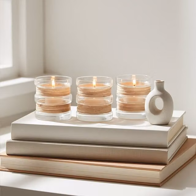 Orsina Set of 3 Round Glass and Rattan Tealight Holders in Beige, Brown and Transparent