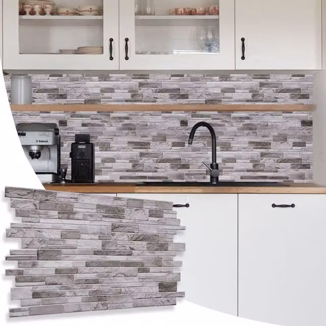 Novecrafto Stone Effect 3D PVC Wall Cladding Panels in Grey, W: 96 cm, H: 48 cm