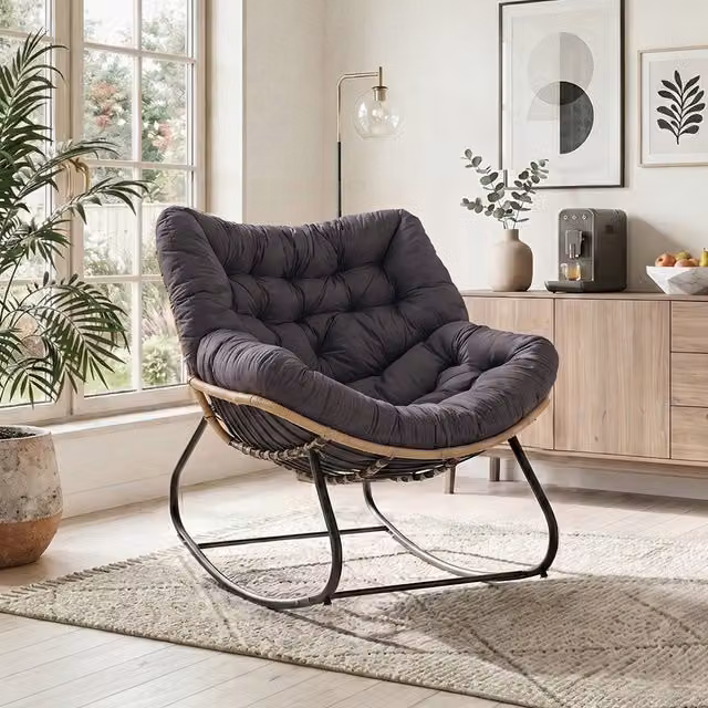Livingandhome Modern Grey Egg Rattan Rocking Chair with Fabric Cushion