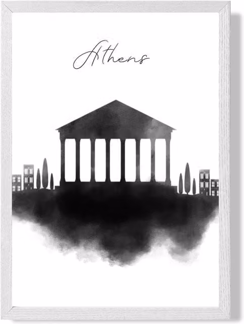 ARTZE Athens Watercolour Skyline City Framed Print with White Frame in Black, A3