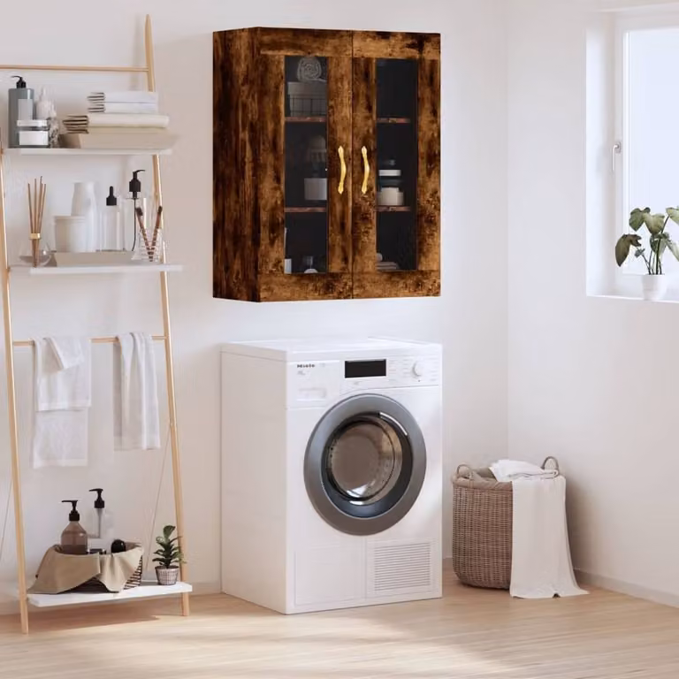 Berkfield Home Wall Mounted Smoked Oak Cabinet with Glass Doors in Brown, W/D/H: 69.5 x 34 x 90 cm
