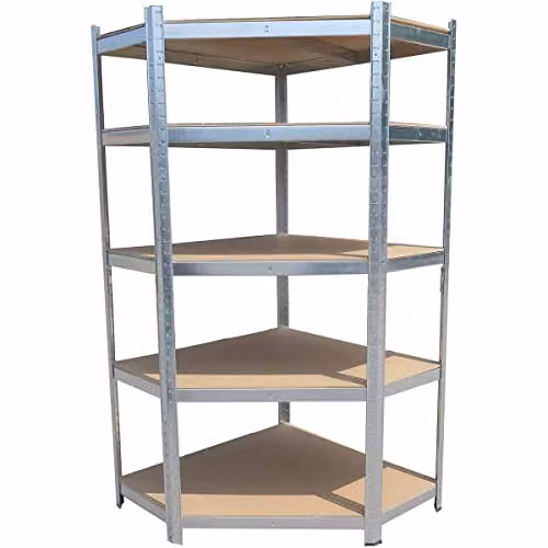 Hilka SHGC8175 5 Tier Corner Boltless Shelving, Silver Metal, W/D/H: 90 x 40 x 180 cm