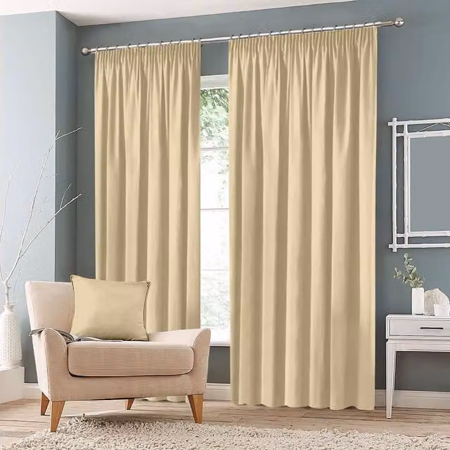 Roseley Plain Blackout Pencil Pleat Fabric Curtains in Beige