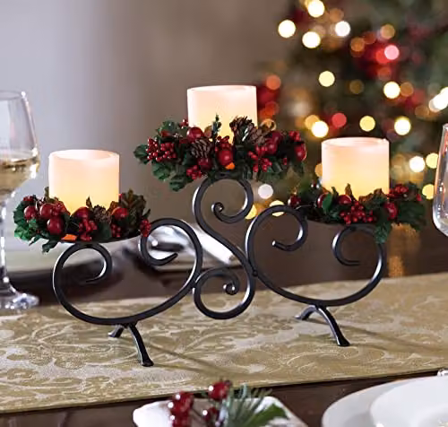 mysmartbuy Festive Floral Metal Tabletop Candle Holder with LED Taper Candles and Multicolour Berries, H: 32.5 cm x W: 15.5 cm x D: 12.5 cm