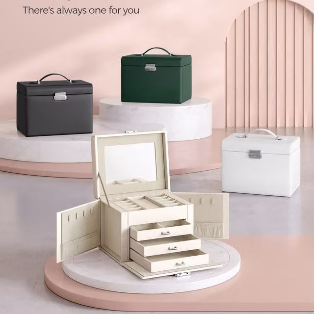 SONGMICS Lockable 4-Tier Wood Jewellery Travel Case with Mirror and Handles, White