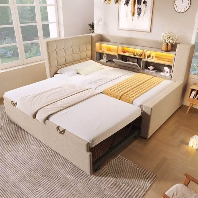 Rolipo Upholstered Single Daybed with Trundle and USB Charging Port in Beige, W/D/H: 190 x 90 x 91.44 cm