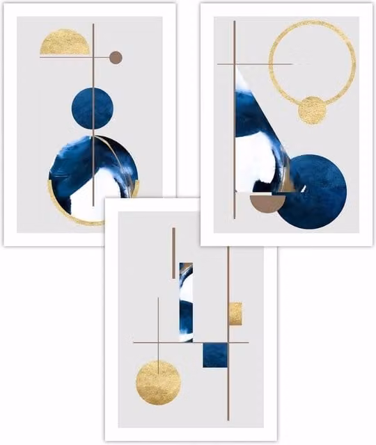 ARTZE Set of 3 Abstract Geometric Mid-Century Art Posters in Blue, Gold and White, W: 30 cm x H: 42 cm