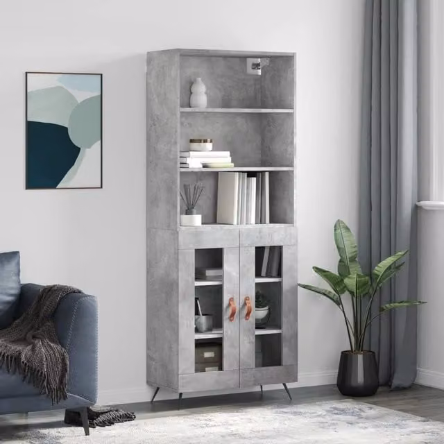 Berkfield Home Highboard in Concrete Grey with Glass Doors, W: 69.5 cm, D: 34 cm, H: 180 cm