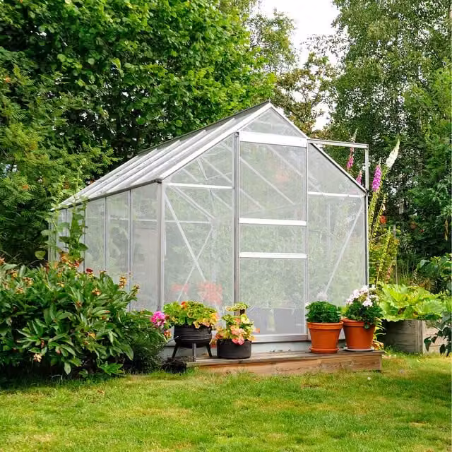Monster Shop Silver Polycarbonate Freestanding Gable Greenhouse with Sliding Window and Rain Gutter, H: 194.5 cm, W: 182.88 cm, D: 121.92 cm