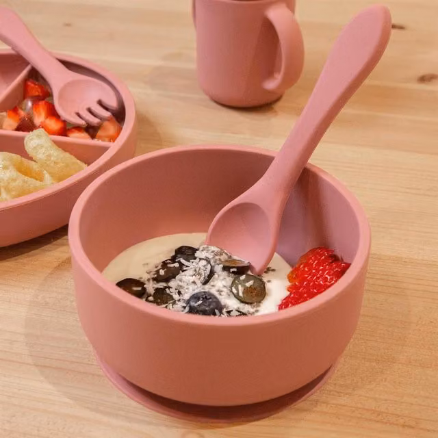 Tiny Dining Pink Silicone Baby Suction Bowl with Lid and Microwave Safety