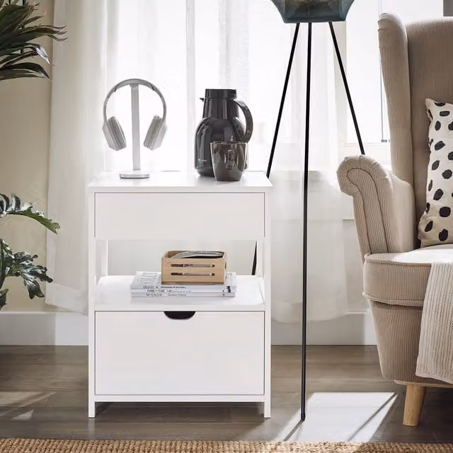 SoBuy Bedside Table with 2 Drawers and Shelf, White, W: 45 cm, D: 38 cm, H: 55 cm