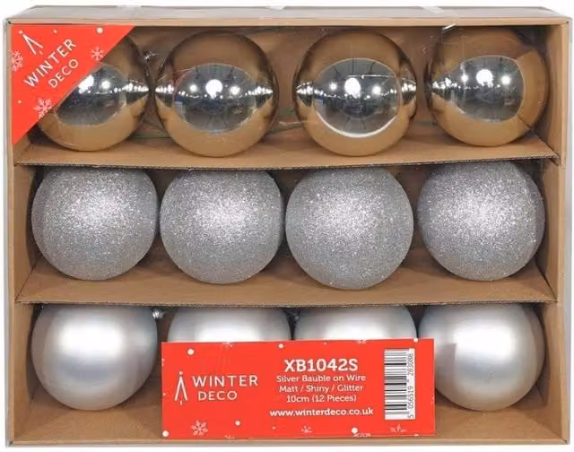 KDMD Silver Christmas Baubles on Wire, 12 Pack, Matt and Shiny Glitter Round Hanging Decorations