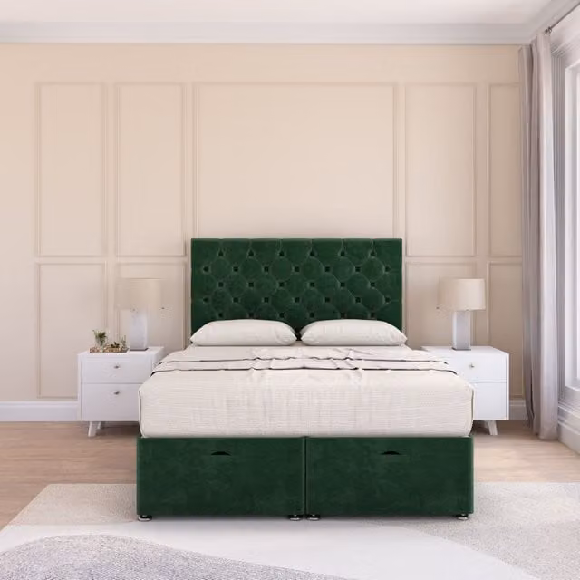 Sloomy Mayfair King Size Ottoman Bed with 26 Inch Headboard and Hybrid Memory Mattress in Emerald Green