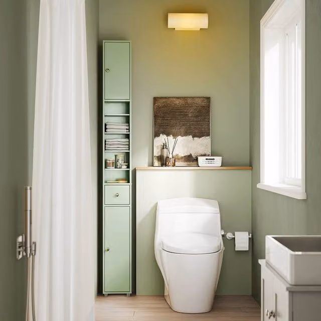 SoBuy Slim Green Bathroom Tall Cabinet with Soft-Close Hinged Doors and Internal Shelves, H: 180 cm