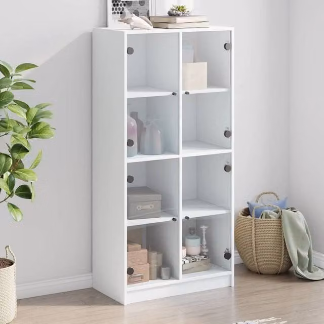 Berkfield Home Modern White Highboard with Glass Doors and Internal Shelves, W/D/H: 68 x 37 x 142 cm