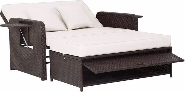 Costway White Polyrattan Patio Daybed Set with Loveseat Sofa, Ottoman and Side Tray