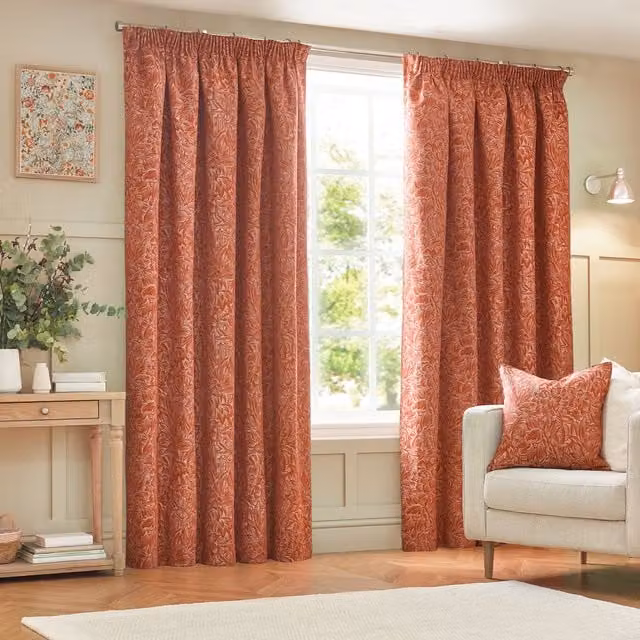 Grantley Jacquard Floral Pencil Pleat Curtains in Red and Orange, Width: 183 cm, Height: 229 cm