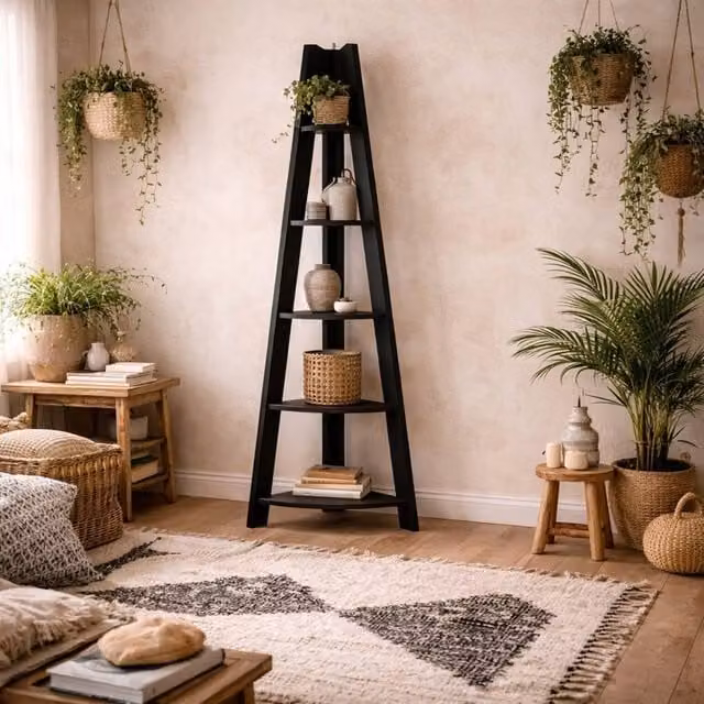 Wyld Haus Athy Black Wooden Corner Ladder Shelving with 5 Shelves, H 175.4 x W 38.6 x D 38.6 cm