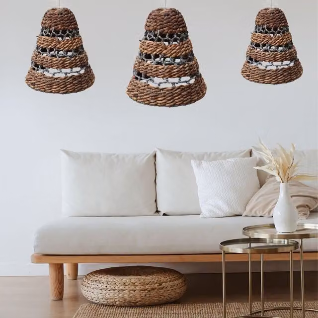 KDMK Set of 3 Brown Boho Banana Leaf and Rattan Cone Lamp Shades