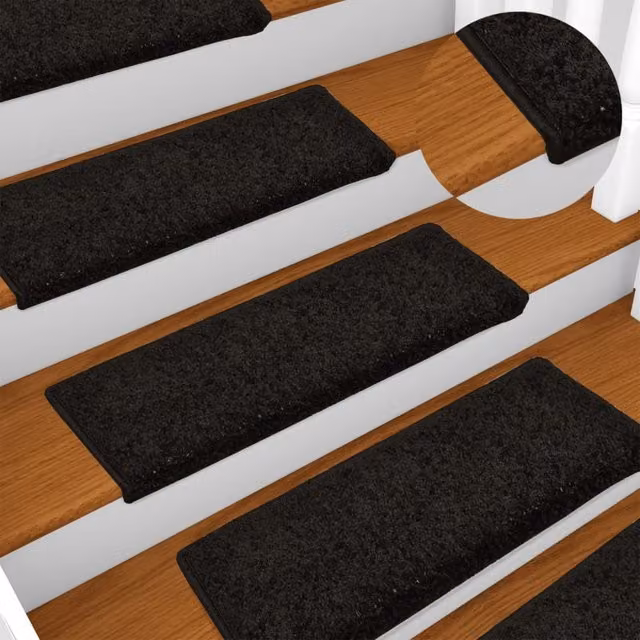 Berkfield Home Non-Slip Carpet Stair Treads, 15 Pieces, Black, W/D/H: 65 x 21 x 4 cm