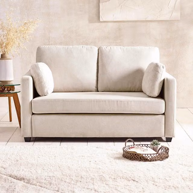 Ottilie 2 Seater Upholstered Fabric Sofa in Beige and Yellow with Scatter Cushions and Pull Out Drawer