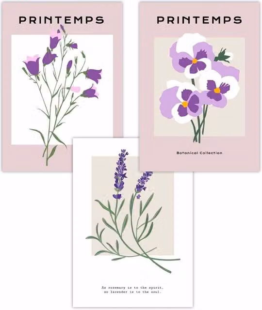 ARTZE Set of 3 Vintage Botanical Spring Flower Market Art Posters, Purple, W: 59 cm, H: 84 cm