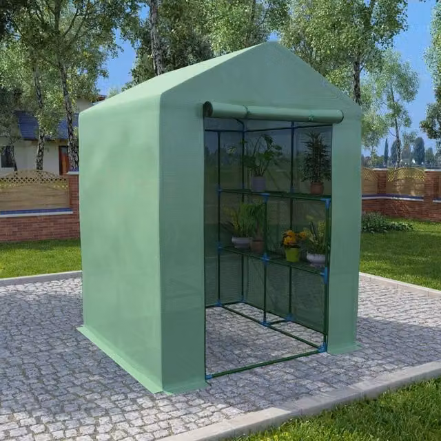 Berkfield Home Steel Greenhouse with Shelves in Green, W/D/H: 143 x 143 x 195 cm