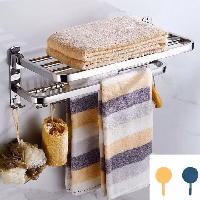 Hinsinc Double Tier Wall Mounted Stainless Steel Bathroom Towel Rail with Folding Shelf and Hooks in Silver