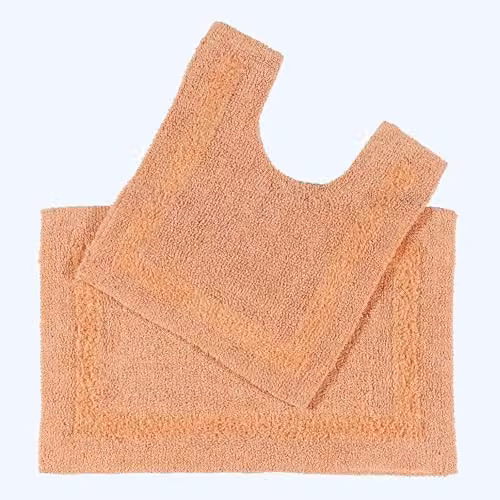 HOMESCAPES 2 Piece Luxury Cotton Bath Mat and Toilet Rug Set, Peach