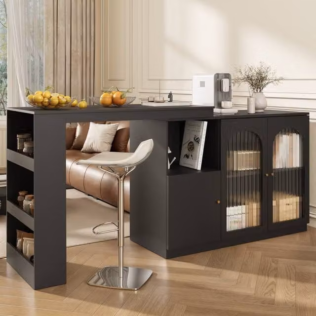 Matteo 360 Degree Rotating Bar Table with Black Glass Door Storage Cabinet