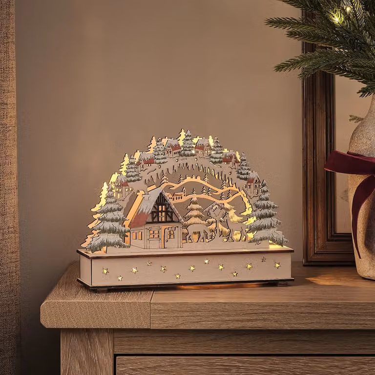 Lights4fun.co.uk Pre Lit Rustic Wooden Winter Log Cabin House Scene in Brown