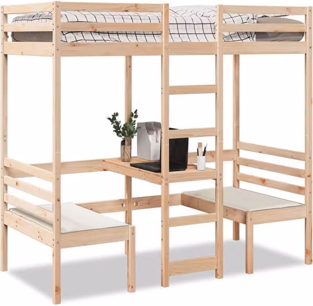 Berkfield Home Loft Bed Frame with Desk and Chairs in Brown Solid Wood Pine, W/D/H: 75 x 190 cm