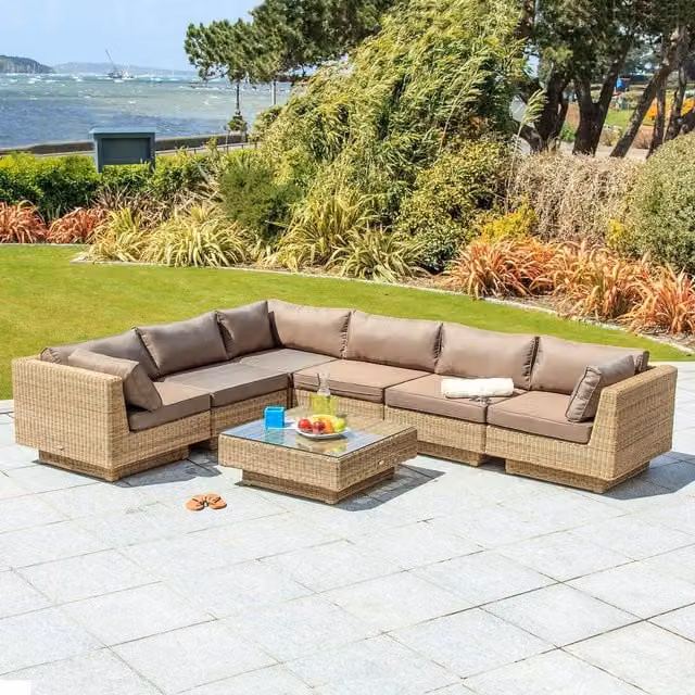 Cozy Bay Chicago Rattan 6 Seater Deluxe Modular Lounge Set in Brown and Yellow with Powder Coated Aluminium Frame