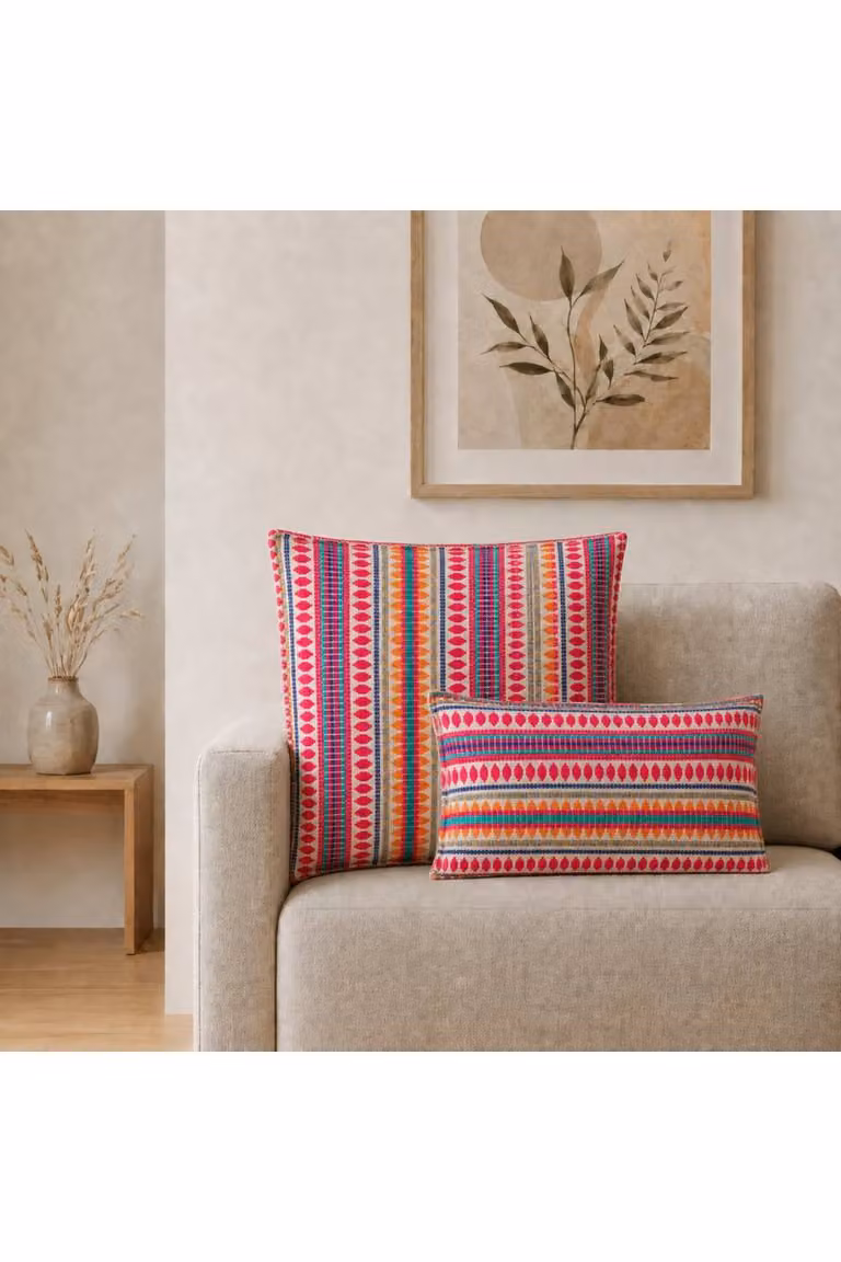 KDMD Neon Stripes Jumbo Cushion Cover, Multicolour Pink and Orange Handmade Cotton Square Cover, W/D/H: 60 x 60 x 60 cm
