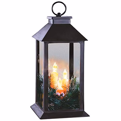 Burwells Christmas Lantern with 3 Flickering Warm White LED Candles, Black with Red and White Decorations, H 28.5 cm x W 14 cm x D 14 cm