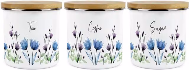 Purely Home Blooming Lovely Flowers Tea, Coffee and Sugar Large Kitchen Canister Set of 3 in Blue and White Floral Enamel Ceramic