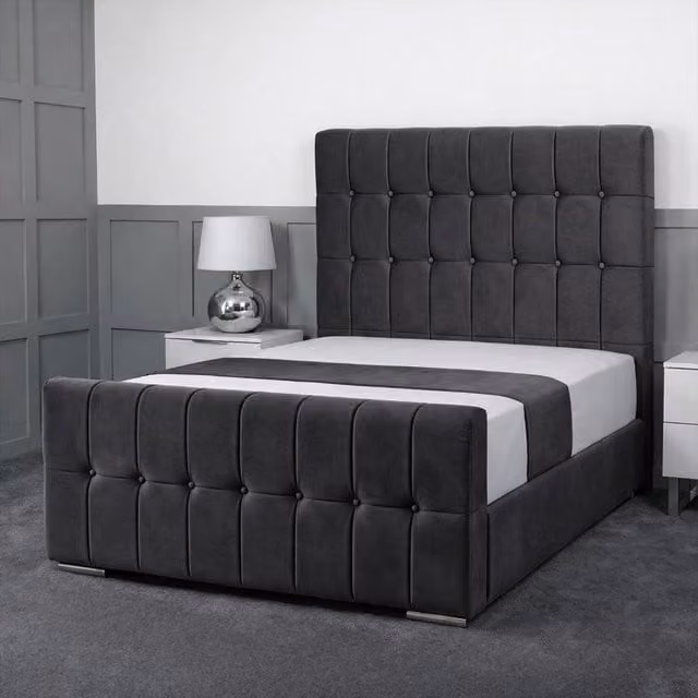 Living Comfort Bedz Belmont Plush Velvet Upholstered Bed with Slatted Base and 48 Inch Headboard in Charcoal Grey