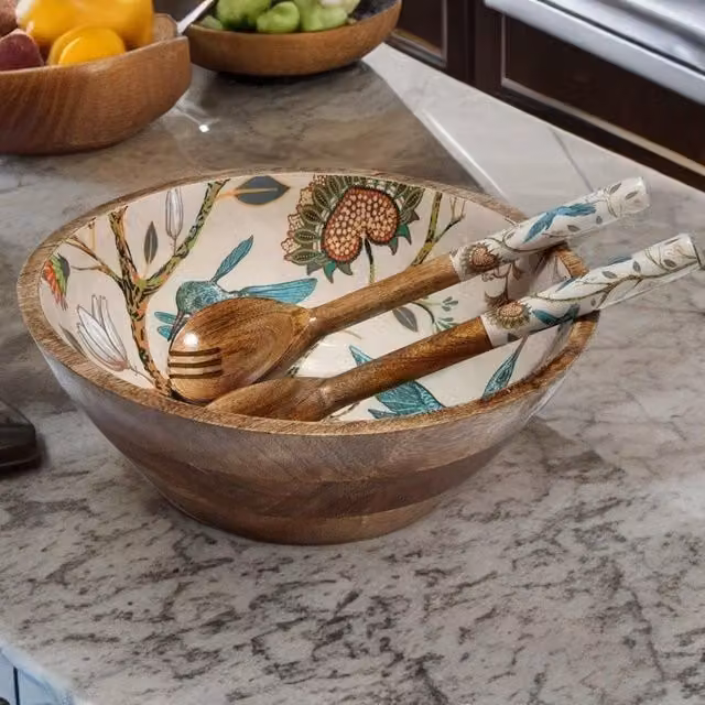 Hartsmede Hummingbird Medium Wooden Serving Bowl with Spoons in Natural Brown and Sand