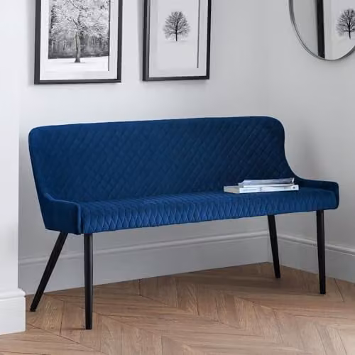 Julian Bowen Luxe Diamond Quilted High Back Velvet Dining Bench for 2 in Blue, H82 x W143 cm