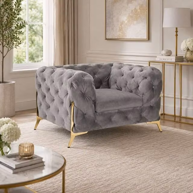 Stratus Interiors Grey Plush Velvet 1 Seater Italian Chesterfield Sofa
