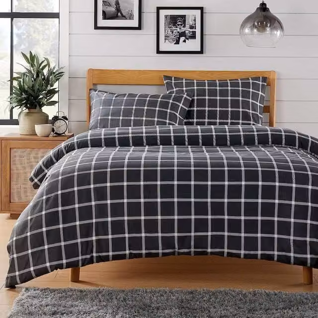 NewEdgeBlinds Grey Checked Modern Printed Duvet Set, W: 180 cm, L: 200 cm