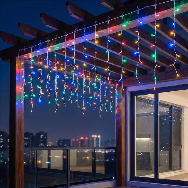 Living Star Solar Powered Multicolour LED Icicle String Lights with Remote Control, Black and Transparent, 30m