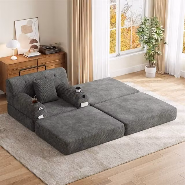 Direct Wicker Cord Convertible Sleeper Chair with Ottoman, Cup Holders and Side Pocket in Dark Grey