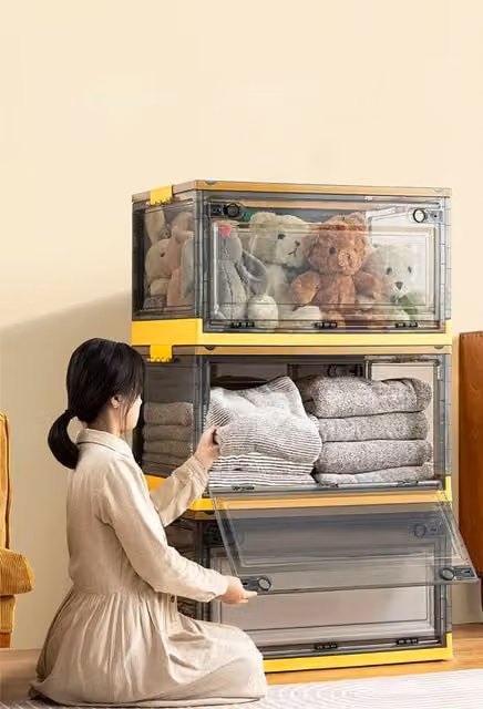 Living and Home 3-Piece Set of Large Collapsible Stackable Clear Plastic Storage Boxes with Wheels and Lids in Yellow
