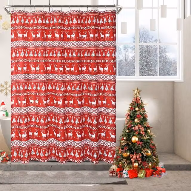 London Boutique Festive Christmas Waterproof Red and White Polyester Shower Curtain, W: 183 cm, H: 183 cm