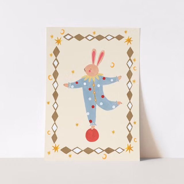 Kid of the Village Balancing Bunny Multicolour Fine Art Paper Print, W: 50 cm, H: 70 cm