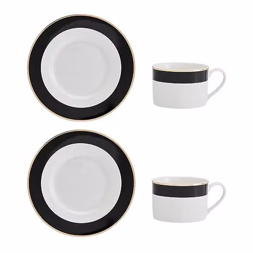 Mikasa Luxe Deco Geometric Bone China Tea Cup and Saucer Set of 2, White and Gold, 200ml