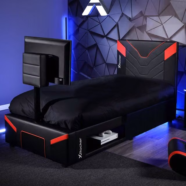 X Rocker Cerberus Twist Gaming TV Bed Frame with Underbed Storage and Side Compartments, Upholstered Faux Leather, Red and Black, W/D/H: 90 x 190 x 108 cm