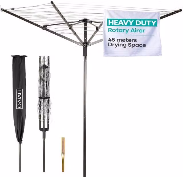 LIVIVO 4 Arm Rotary Outdoor Washing Line and Clothes Dryer in Black with Ground Spike and Cover