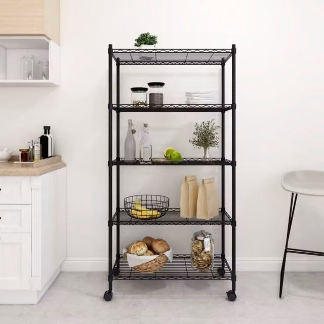 Berkfield Home 5-Tier Metal Storage Shelf with Wheels, Black, W/D/H: 75 x 35 x 155 cm